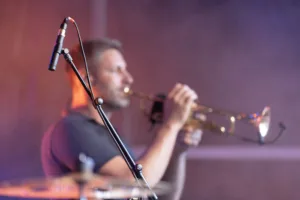 Trompeter Daniel Mertmann spielt hinter einem Mikrofonständer, während rotes Bühnenlicht den unscharfen Hintergrund färbt.